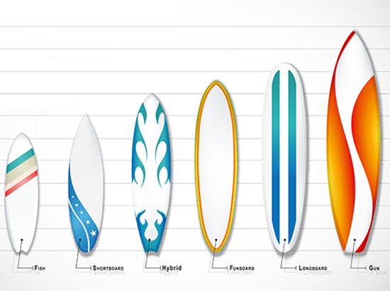 Schéma différents types de planches de surf.